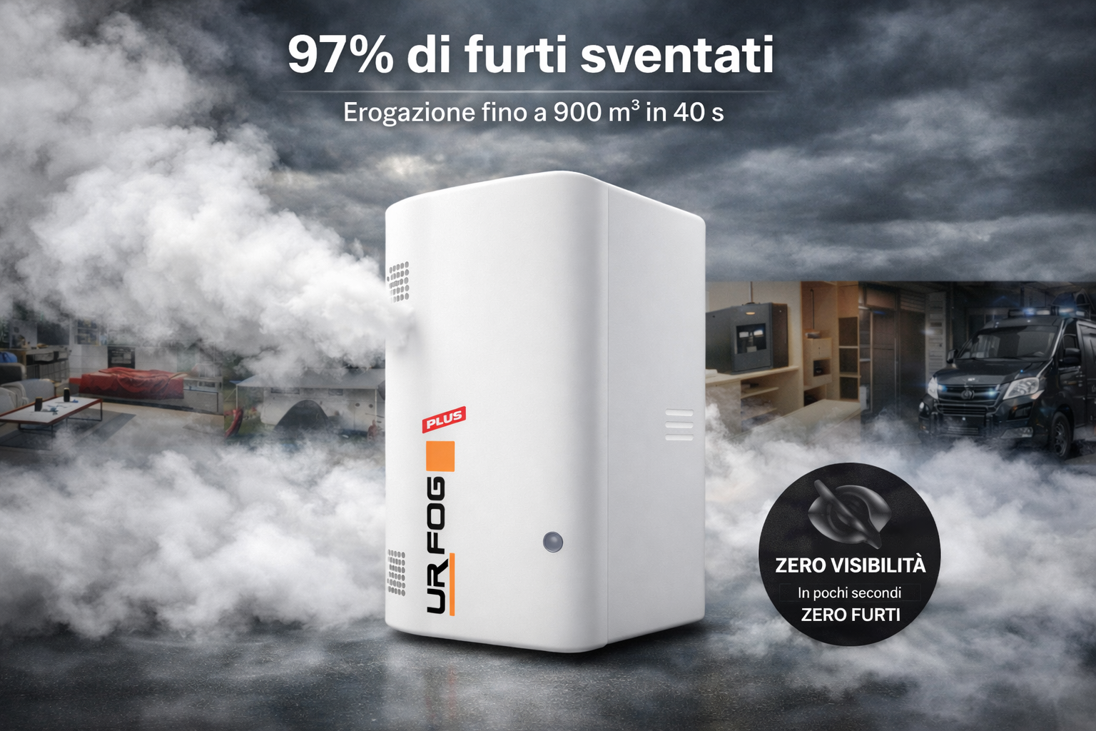 Nebbiogeni UR Fog: sicurezza attiva per negozi, magazzini e aziende