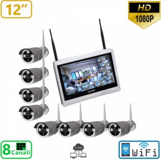 KIT VIDEOSORVEGLIANZA 8 CANALI WIRELESS CON MONITOR 12 POLLICI