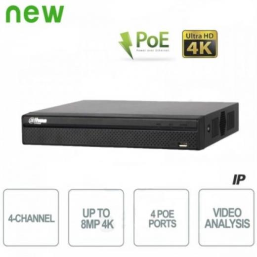 NVR 4 CANALI 8MP 4K ULTRA HD CON 4 PORTE PoE  80Mbps Smart H265 HDMI FINO 4K