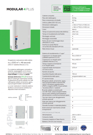 Nebbiogeno UR Fog MODULAR 4 PLUS con scheda CPLUS emissione fino a 1200 mt cubi in 46 secondi
