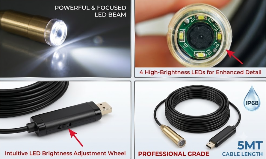 Telecamera Endoscopica USB Impermeabile 5 Metri con LED Regolabili per Ispezioni Professionali