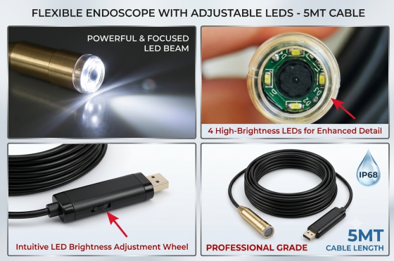 Telecamera Endoscopica USB Impermeabile 5 Metri con LED Regolabili per Ispezioni Professionali